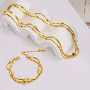 14k Gold Double Strand Bead Necklace & Bracelet Set